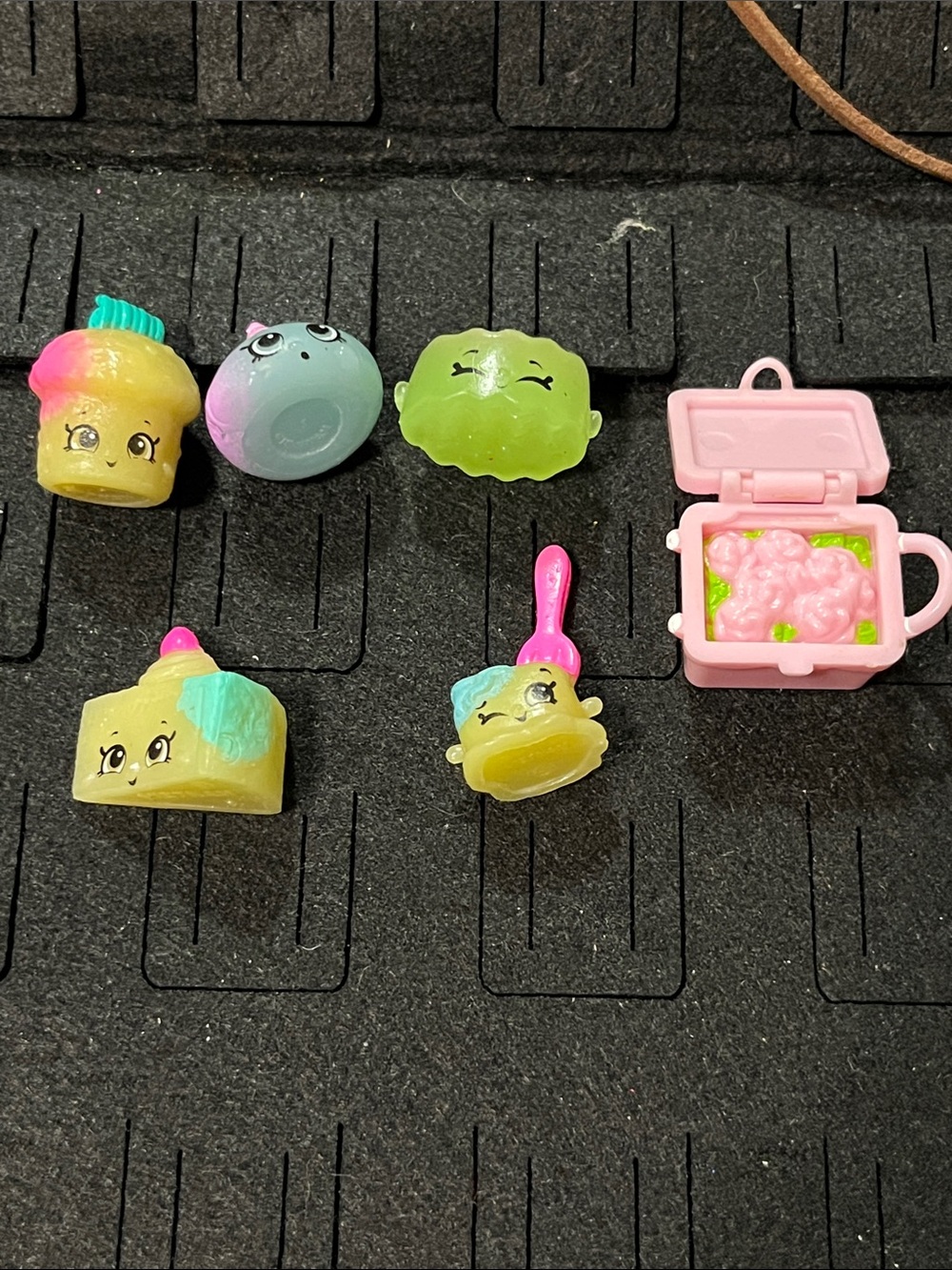 Shopkins Mini Figures Set in Yellow, Pink & Green with Pink Accessory Case
